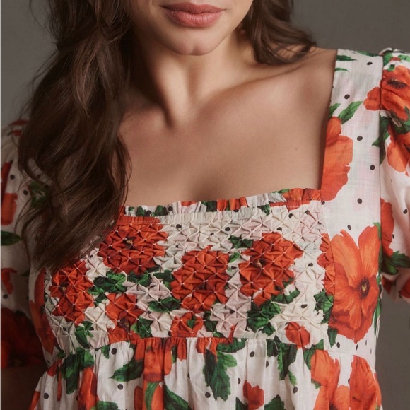 Great condition size M Maeve Red and White Floral Mini Dress. Babydoll. Smocked - Picture 3 of 16